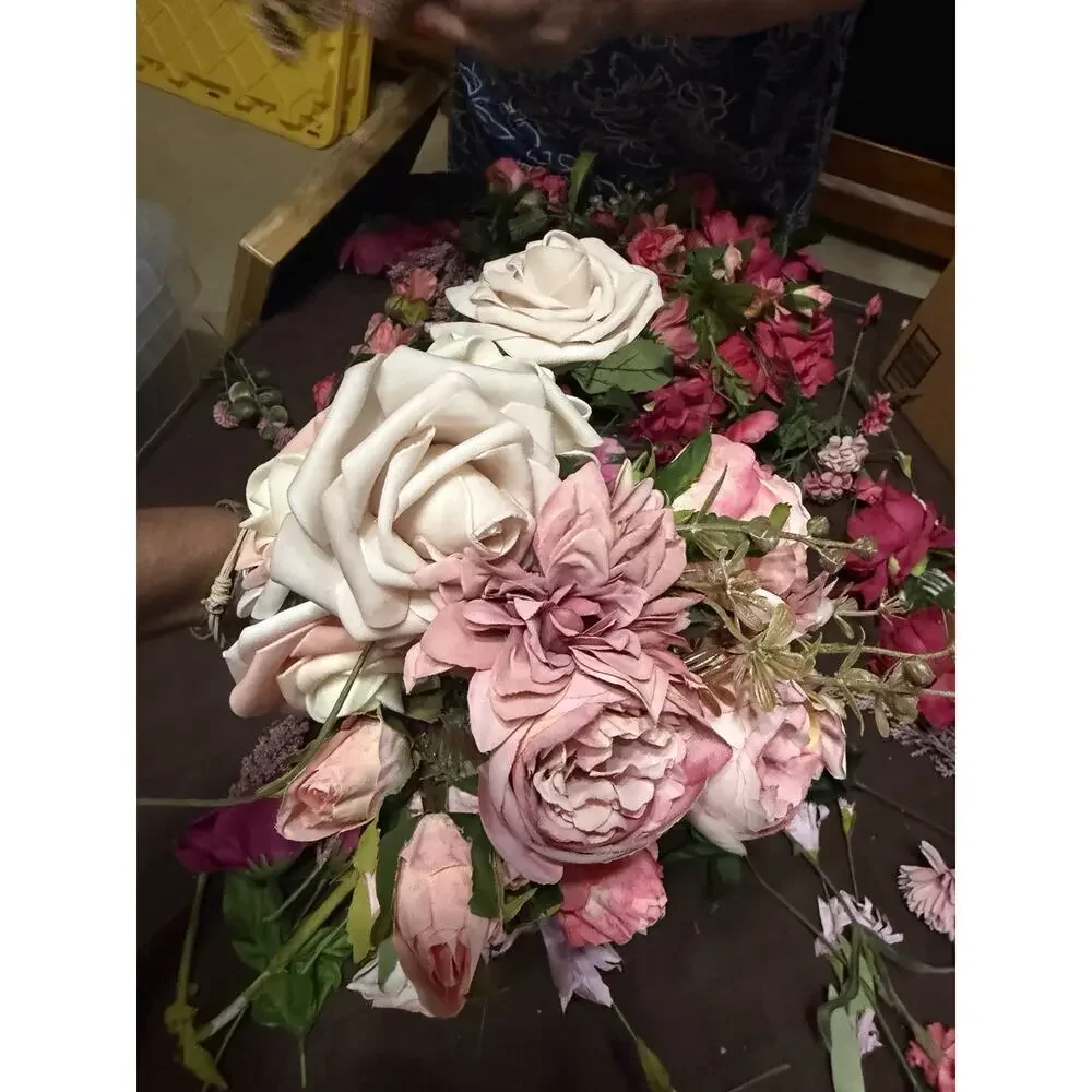 Large Lot / Box of Miscellaneous Artificial Silk Flowers - Bright Pink Shades